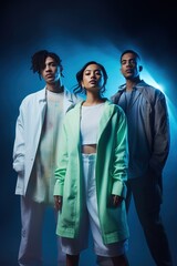 Inside a brightly lit studio, a backdrop with a soft gradient from deep blue to cyan neon lights. Three young individuals, each representing diverse backgrounds, stand in a staggered formation