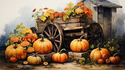 Naklejka na ściany i meble a painting of a wagon with pumpkins and flowers on it. generative ai