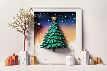 Paper cut Christmas trees and presents, gifts. Winter background.Creative concept Holiday Xmas card Happy New Year celebration Christmas,Christmas card,Ai generative