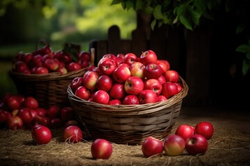 photography of a basket of apples in a green field 