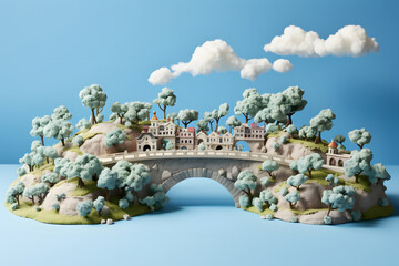 Bridge model over paper river made of plasticine on pastel blue background with paper fluffy clouds.
