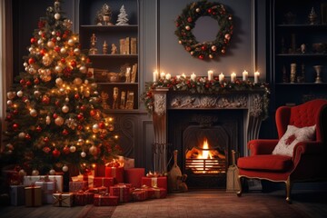 Fototapeta na wymiar Interior of Christmas living room. magic glowing tree, fireplace, gifts, in dark at night. AI generative