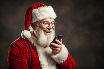 Photo of a man with glasses and a Santa Claus hat holding a mobile phone in his hands. Communication via audio messages using a smartphone