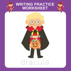 Writing practice worksheet for kids with Halloween festival theme, a cute little boy with Dracula costume. Educational printable worksheet. Writing exercise game for kids. Vector file.