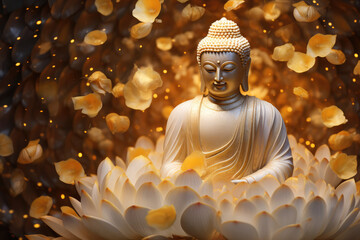 glowing golden buddha with Gold marble texture lotuses - obrazy, fototapety, plakaty