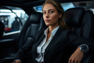 Business stylish young woman in a suit sitting in a car and looking away. Businesswoman in expensive transport