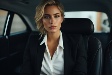 Pretty stylish business young woman in a suit sitting in a luxury car in passenger seat and looking at camera
