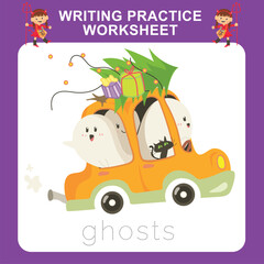 Writing practice worksheet for kids with Halloween festival theme, three cute ghosts go with a car. Educational printable worksheet. Writing exercise game for kids. Vector file.