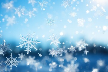 Snowflakes falling in the blue Sky at Sunshine. AI generative