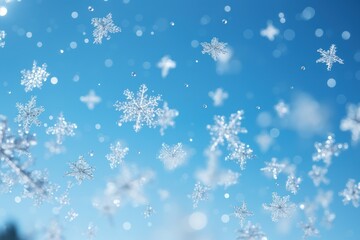 Naklejka na ściany i meble Snowflakes falling in the blue Sky at Sunshine. AI generative