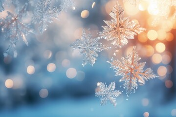 Obraz na płótnie Canvas Snowflakes falling to snow ground warm morning light. AI generative