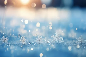 Fotobehang Snowflakes falling to snow ground warm morning light. AI generative © Attasit