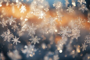 Fototapeta na wymiar Snowflakes falling to snow ground warm morning light. AI generative