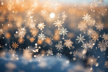 Snowflakes falling to snow ground warm morning light. AI generative