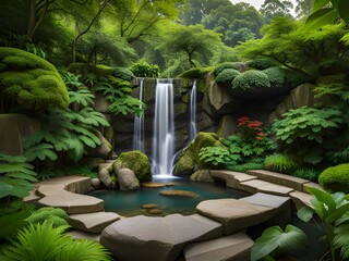 A small decorative waterfall in the garden. Landscape design