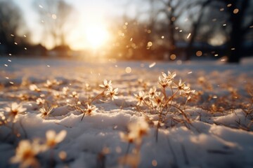 Snowflakes falling to snow ground warm morning light. AI generative