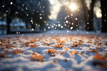 Snowflakes falling to snow ground warm morning light. AI generative