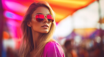 A cool girl with magenta lips and a red fashion sense dons her stylish sunglasses, adding a touch of mystery and intrigue to her outdoor portrait
