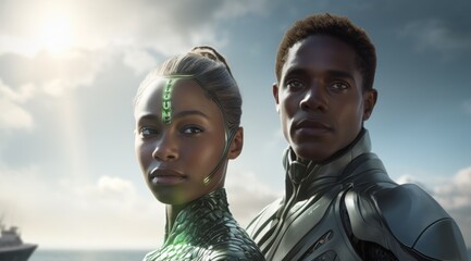 A couple embraces in the open air, their clothes billowing in the sky as they stand beside a peaceful lake, surrounded by fluffy clouds