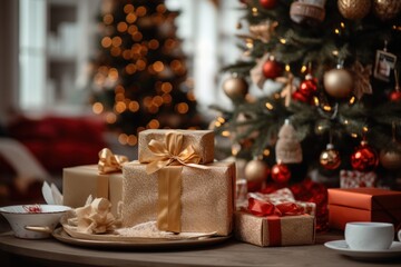 Wrapped gift boxes on wooden table and lantern under the Christmas tree indoors at home. AI generative