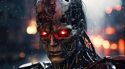 A haunting mask conceals the terror within as the red-eyed robot dons its masque of horror