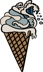 Ice cream with Japanese wave vector illustration for printing on sticker on white isolated background.