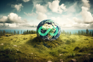 Virtual globe with circular economy icons on natural  background, Circular economy is sustainable business development in the future by use AI generative technique.