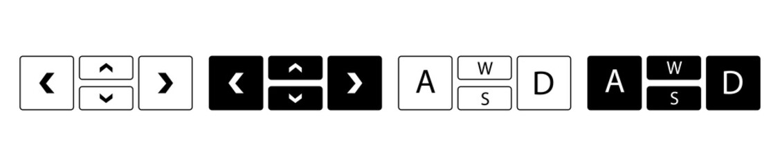 Keyboard with arrows and letters. Directional arrows on the keyboard. Navigation icons down, up, left and right. Navigation icons A,W,S,D Contour buttons, isolated - Stock Vector EPS10
