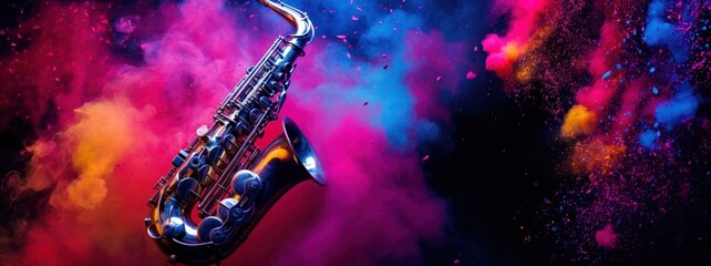 Saxophone in cloud colorful dust. World music day banner with musician and musical instrument on abstract colorful dust background. Music event, Expression, symphony, colorful design - obrazy, fototapety, plakaty