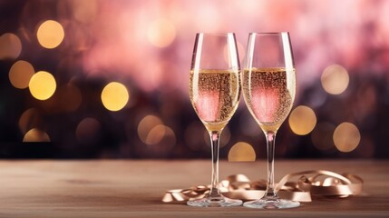 Pink rose champagne glasses close up, bokeh lights background. New year, Valentines day celebration toast festive rose gold blur pink champagne sparkle glitter web banner
