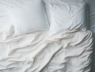 Fototapeta na wymiar Top View of Unmade Bedding Sheets and Pillow. Comfortable Sleep Concept with Messy, White Duvet