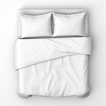 White Bedsheet Mockup with Blanket and Pillows. Top View of Hotel Bedroom with Empty Bedclothes