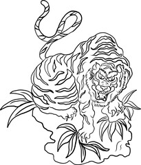 Outline and doodle art Tiger vector is on white background.Drawing tiger for tattoo.Traditional Japanese culture for printing on background.