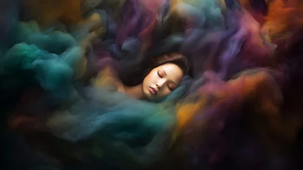 Fotobehang Sleeping Immersed in Colorful Mist Mental Health Wellness Insomnia Dreaming in a Dream Alice in the Wonderland Flowing Air Psychology Problems Disorders Self Care Surrealistic Illustration Painting © Vibes 16:9