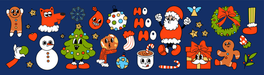 Merry Christmas 70s groovy element vector. Collection of cartoon characters, doodle smile face, santa, snowman, wreath, christmas tree, gift. Cute retro groovy hippie design for decorative, sticker.