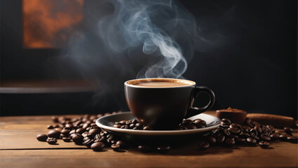 warm cup of coffee on brown background - obrazy, fototapety, plakaty