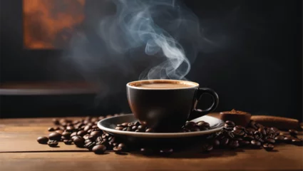 Foto op Plexiglas warm cup of coffee on brown background © Jacky