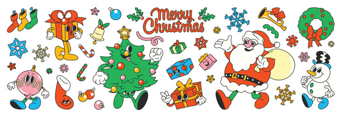 Merry Christmas 70s groovy element vector. Collection of cartoon characters, doodle smile face, santa, snowman, wreath, christmas tree, gift. Cute retro groovy hippie design for decorative, sticker.