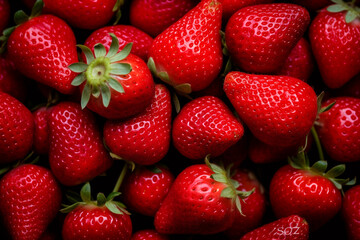 Close up macro texture strawberry berries. Fresh ripe strawberries background. Summer healthy food, vegan and vegetarian concept. Generative AI - Powered by Adobe