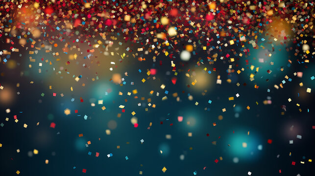 Confetti sparkles on a black background, the theme of a holiday and a birthday