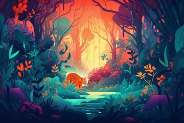 Fototapeta na wymiar Colorful fantasy jungle painting illustration. Generative AI