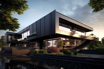 Fototapeta na wymiar Sleek, contemporary dwelling with refined black exterior. Rendered in 3D. Generative AI