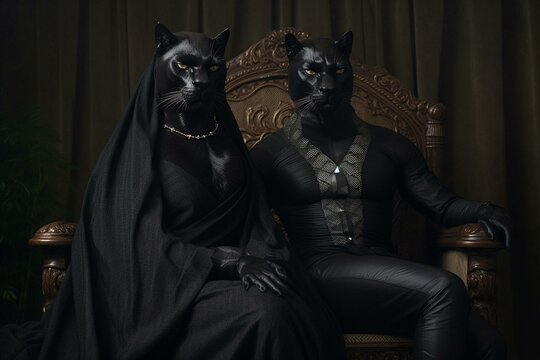 Black panther and companion dressed like black panther. Generative AI