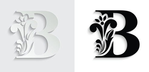 letter B. Black flower alphabet. Beautiful capital letters with shadow
