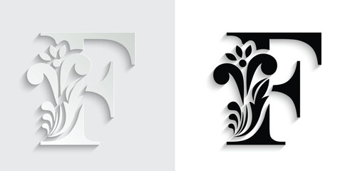 letter F. Black flower alphabet. Beautiful capital letters with shadow