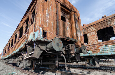 damaged and burnt trains in Ukraine