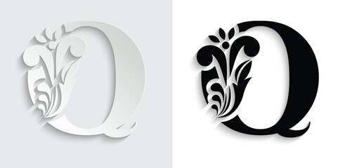 letter Q. Black flower alphabet. Beautiful capital letters with shadow