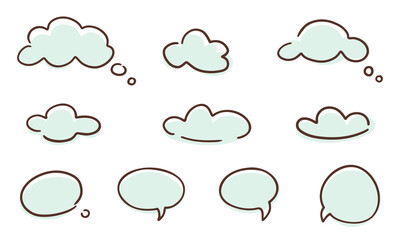 Speech or thought bubbles of different shapes. Thought cloud. Thought bubble icon in trendy hand drawn doodle style design. Vector illustration. Outline illustrations with fill