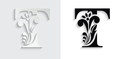 letter T. Black flower alphabet. Beautiful capital letters with shadow