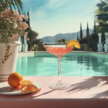 Cocktail on the background of the swimming pool and palm trees